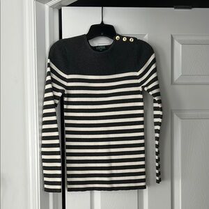 Ralph Lauren Gray and White Striped Sweater with Gold Button Accents